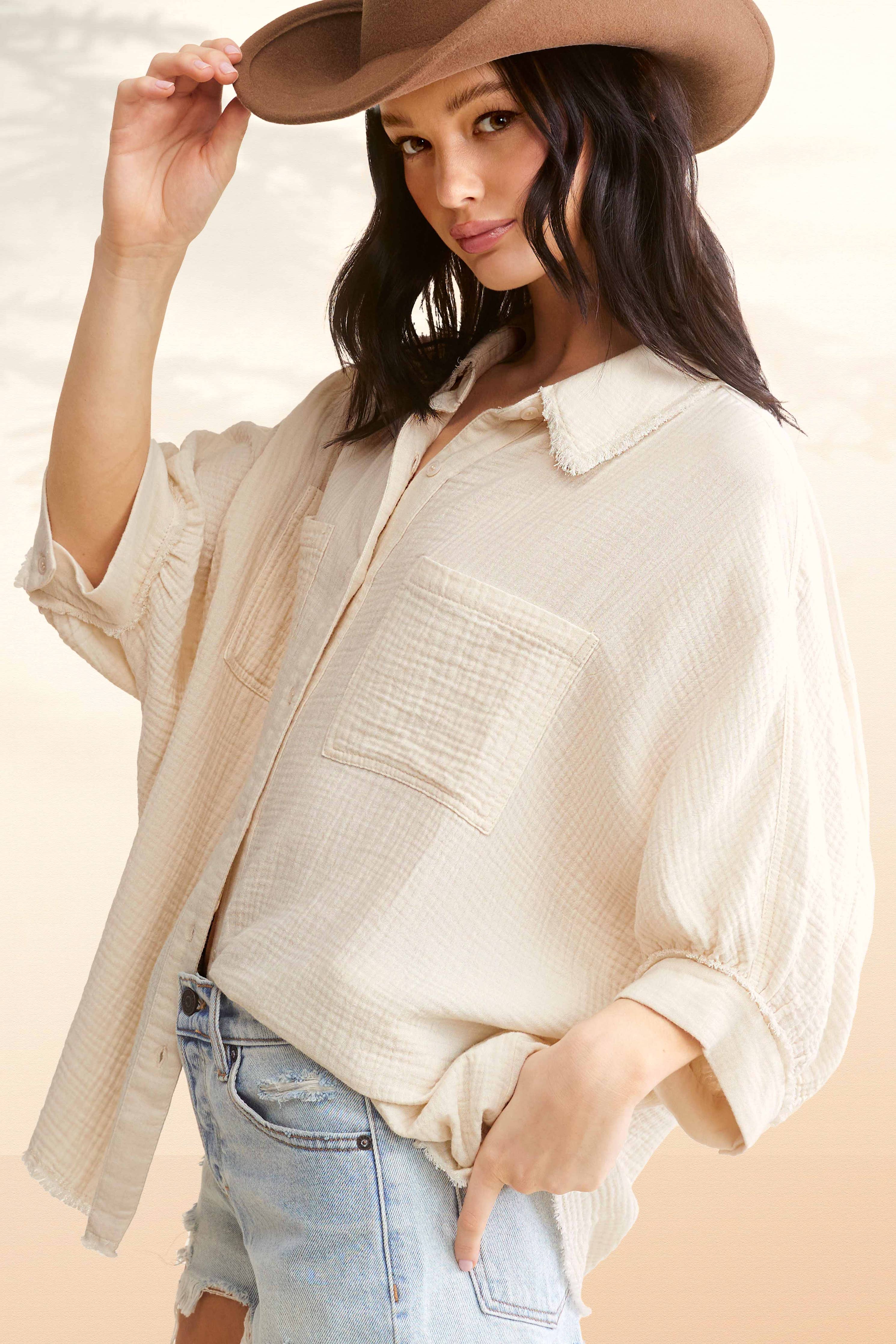 Crinkle Gauze Button Down Shirt