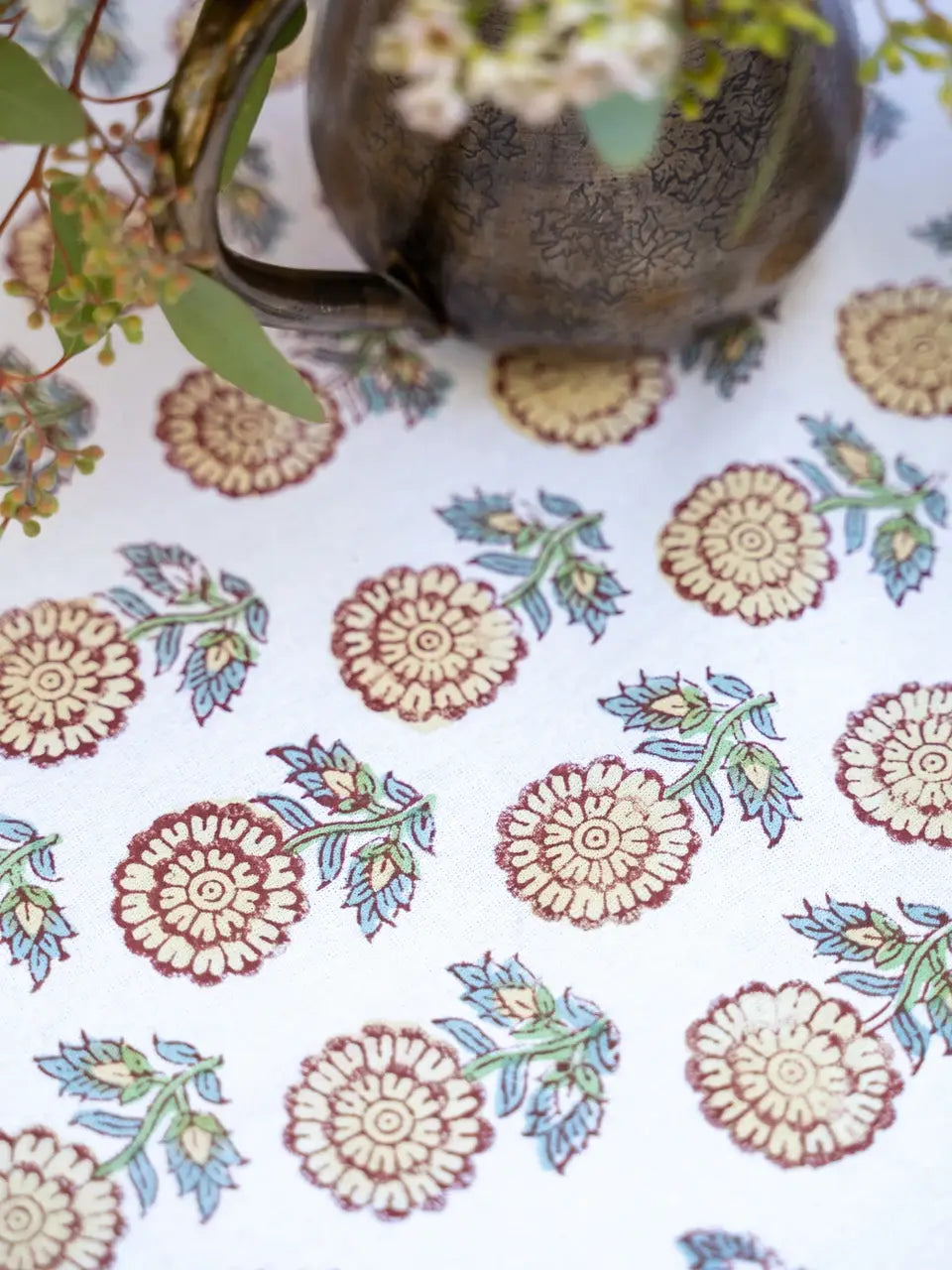 Happiness 54" Ecru Block Print Tablecloth