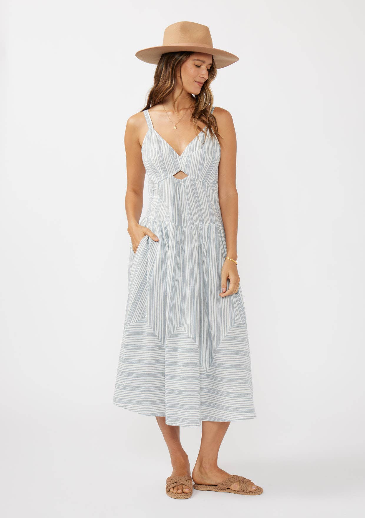 Striped V Cut-Out Midi Dress