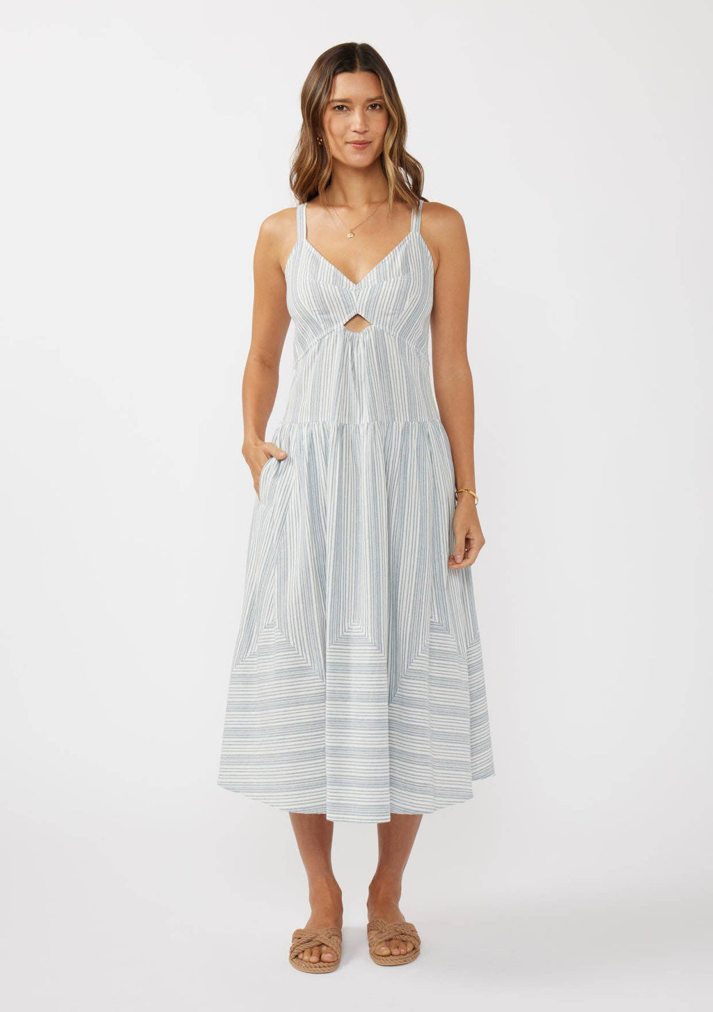 Striped V Cut-Out Midi Dress