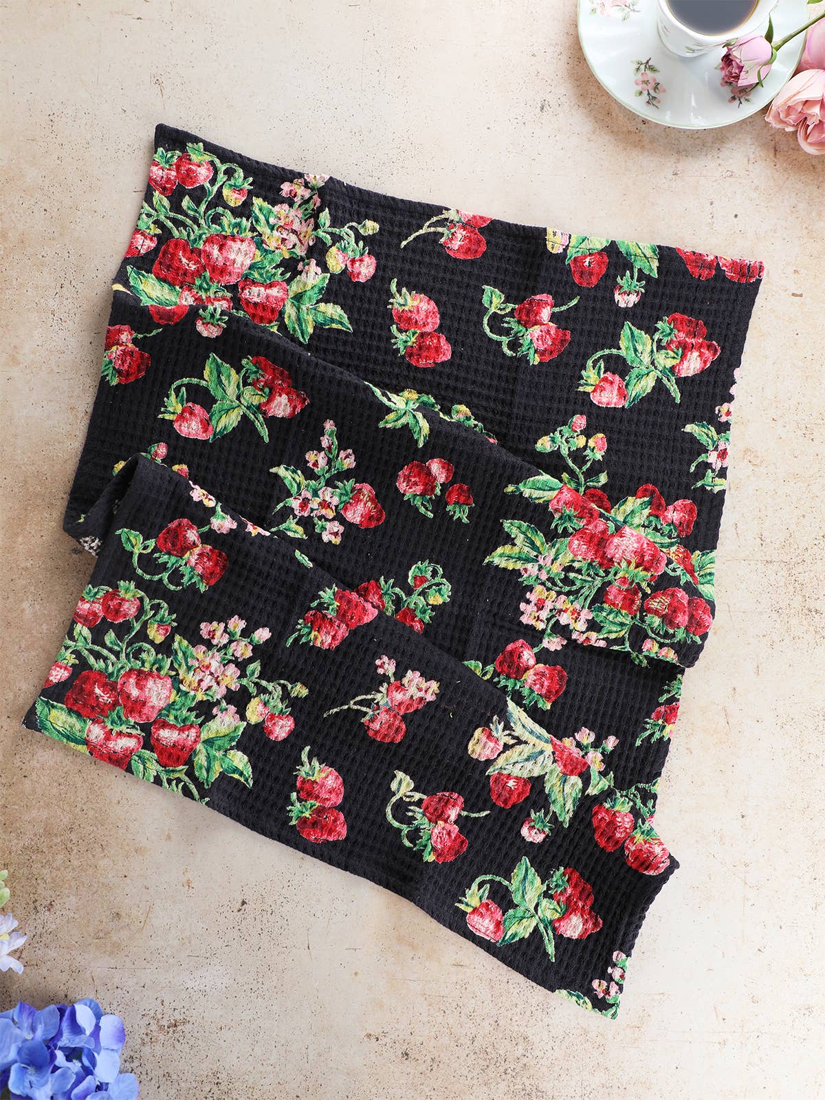 Strawberry Black Waffle Knit Tea Towel