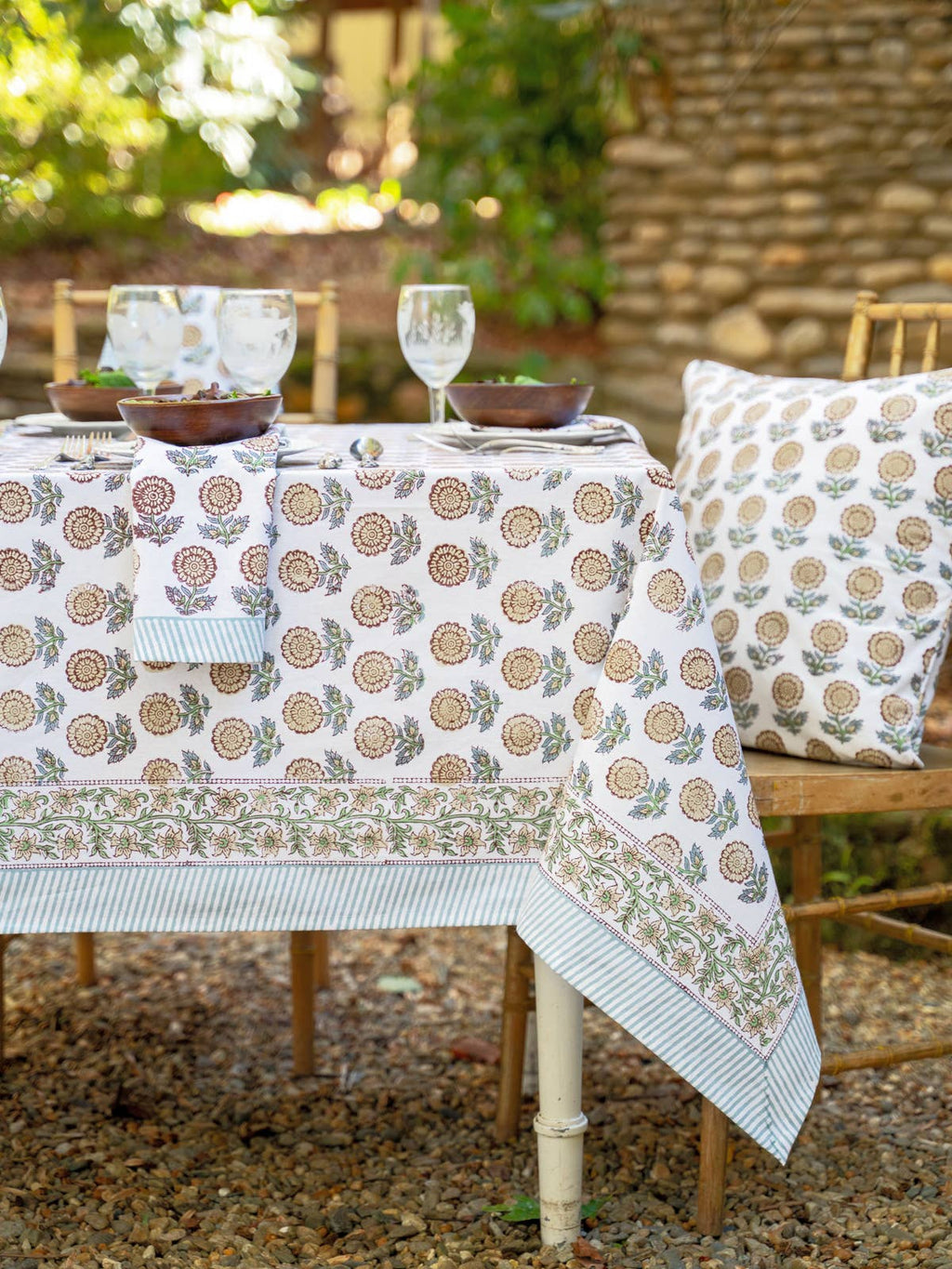 Happiness 54" Ecru Block Print Tablecloth