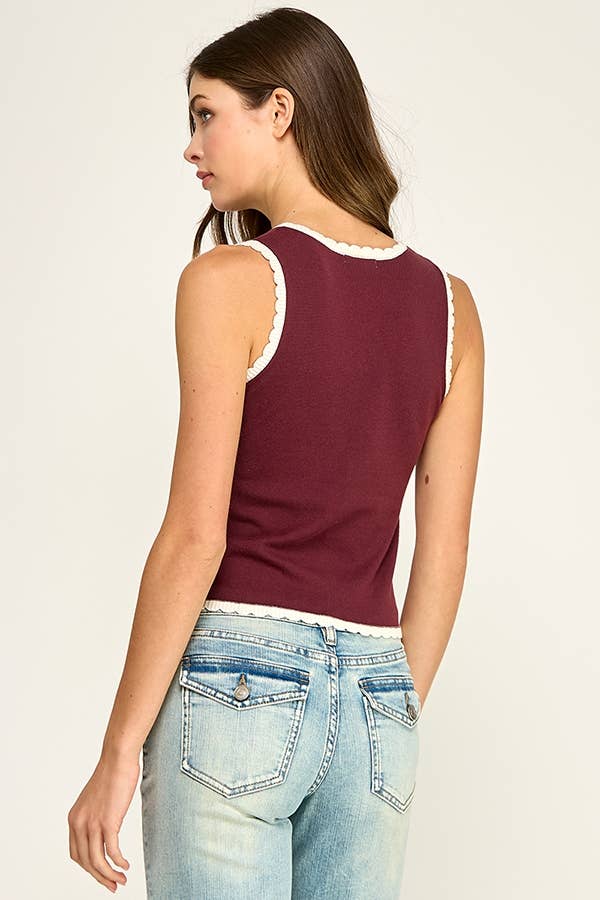 Burgundy Scallop Knit Button Tank