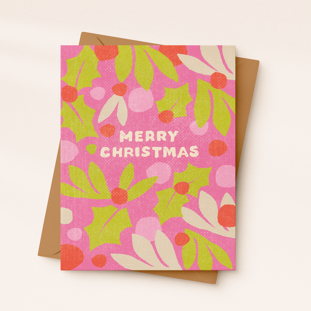 Pink Christmas Holly Card