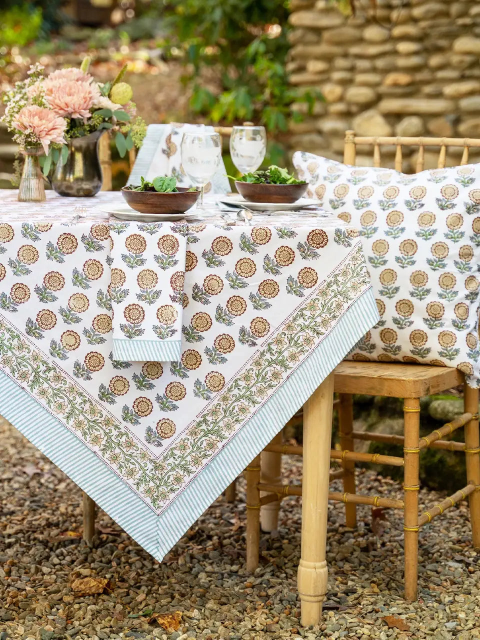 Happiness 54" Ecru Block Print Tablecloth