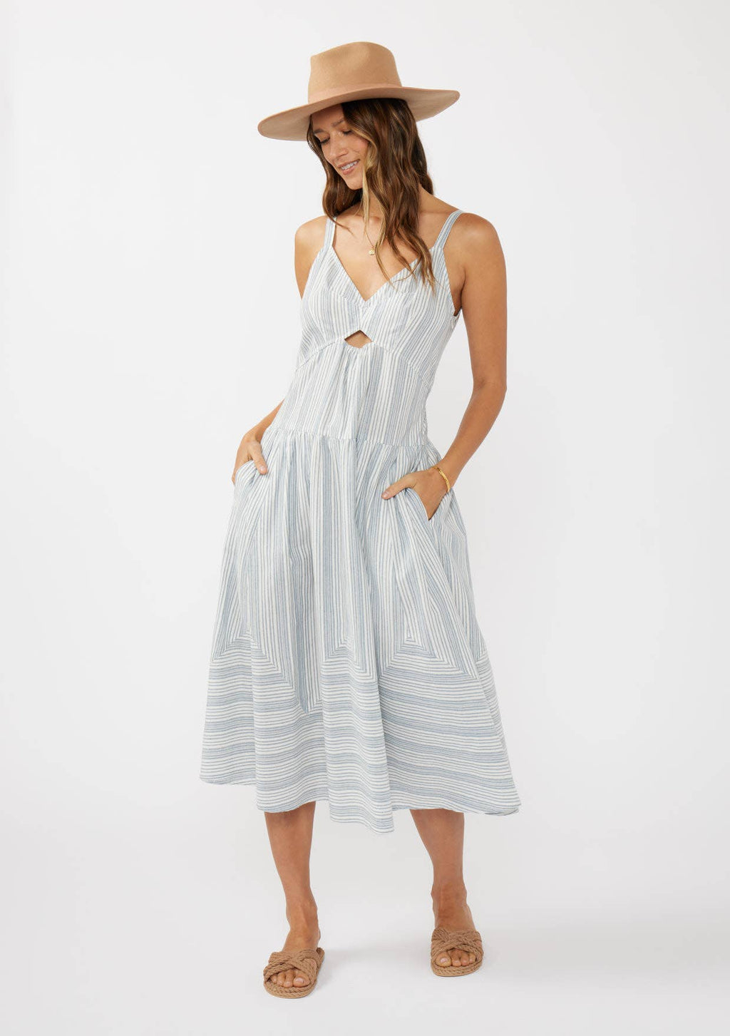 Striped V Cut-Out Midi Dress