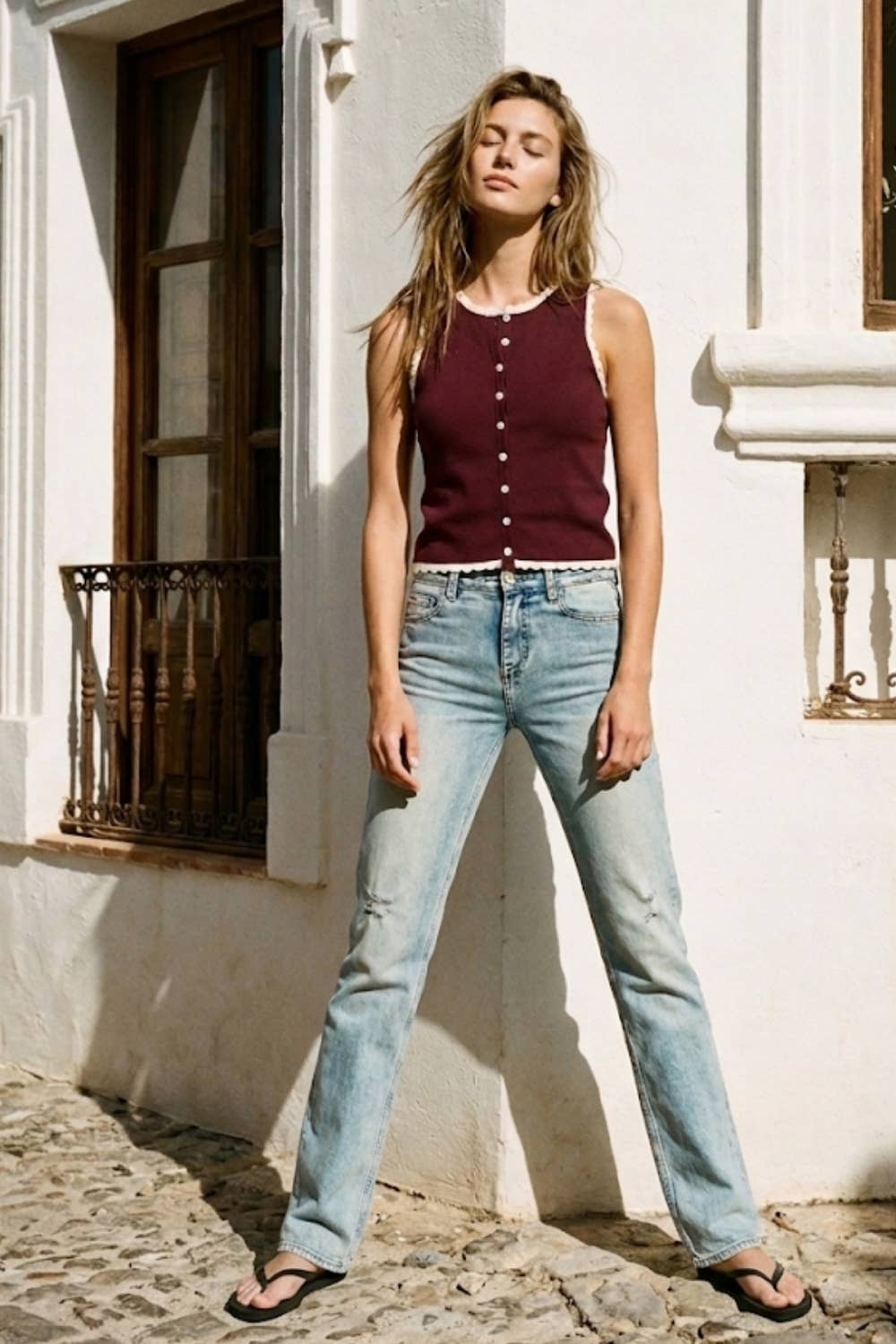 Burgundy Scallop Knit Button Tank