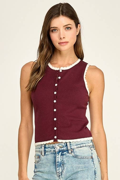 Burgundy Scallop Knit Button Tank