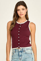 Burgundy Scallop Knit Button Tank