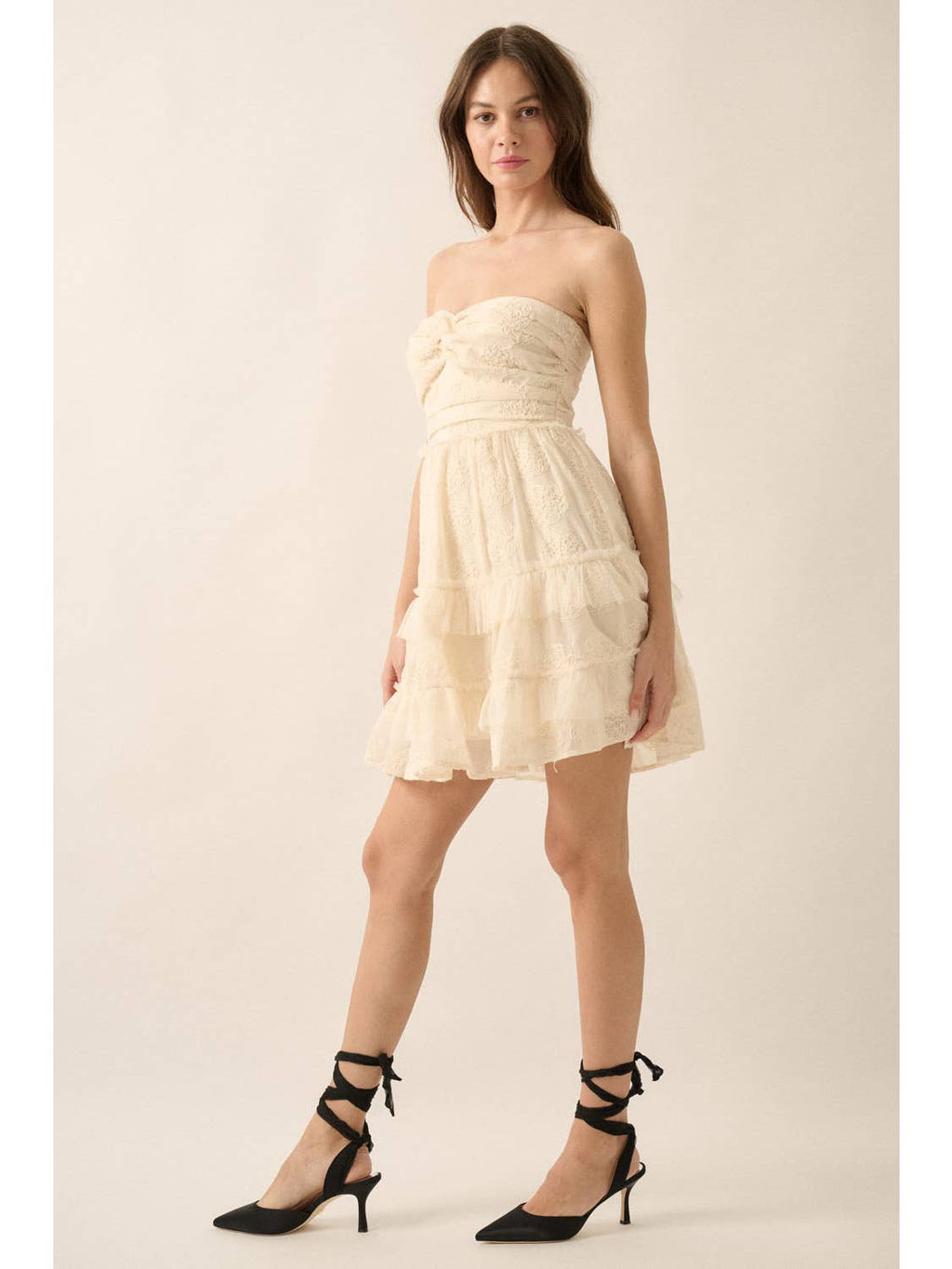 Cream Ruffle Embroidered Mini Dress