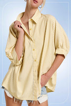 Relaxed Stripe 3/4 Sleeve Button-Down Shirt