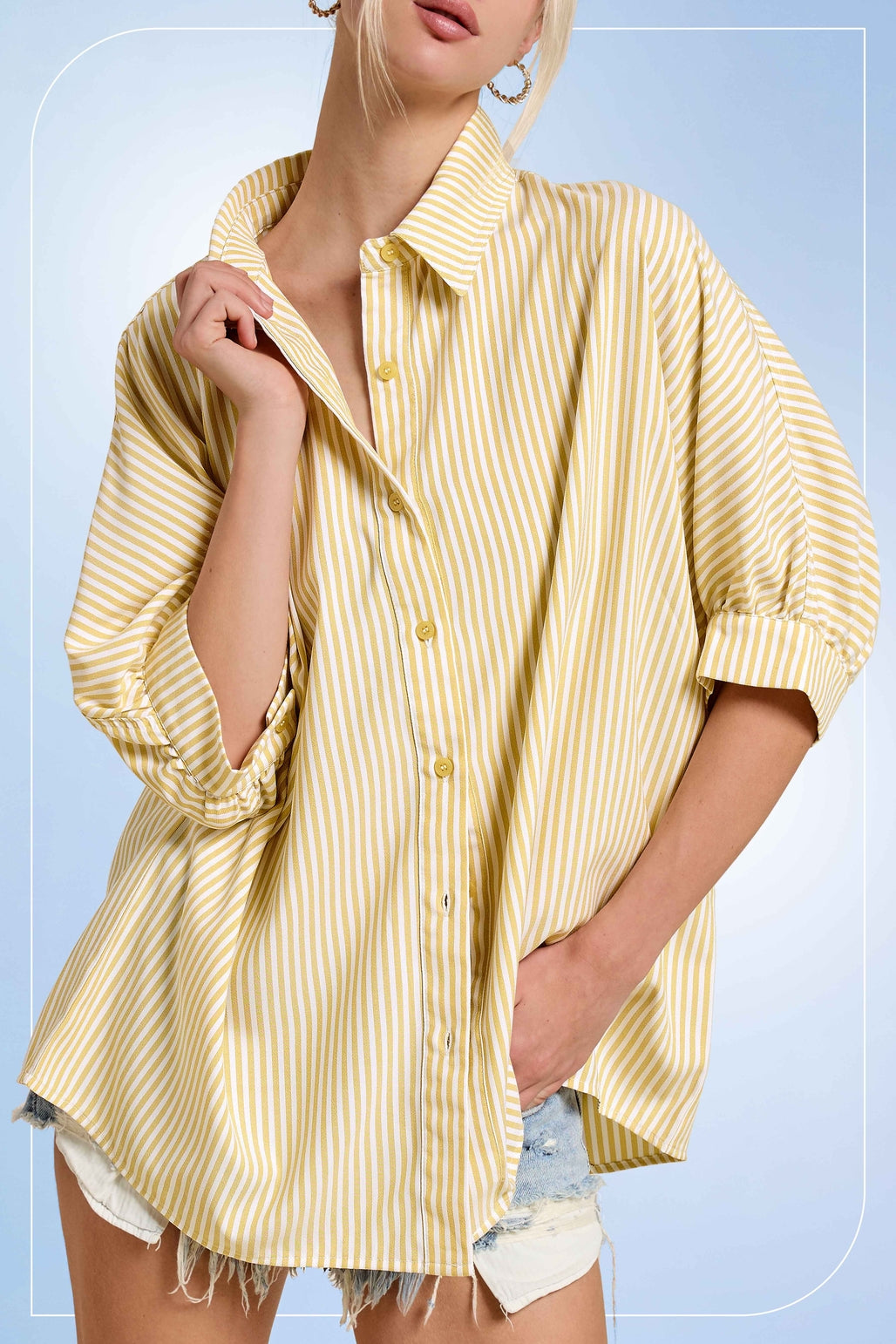 Relaxed Stripe 3/4 Sleeve Button-Down Shirt