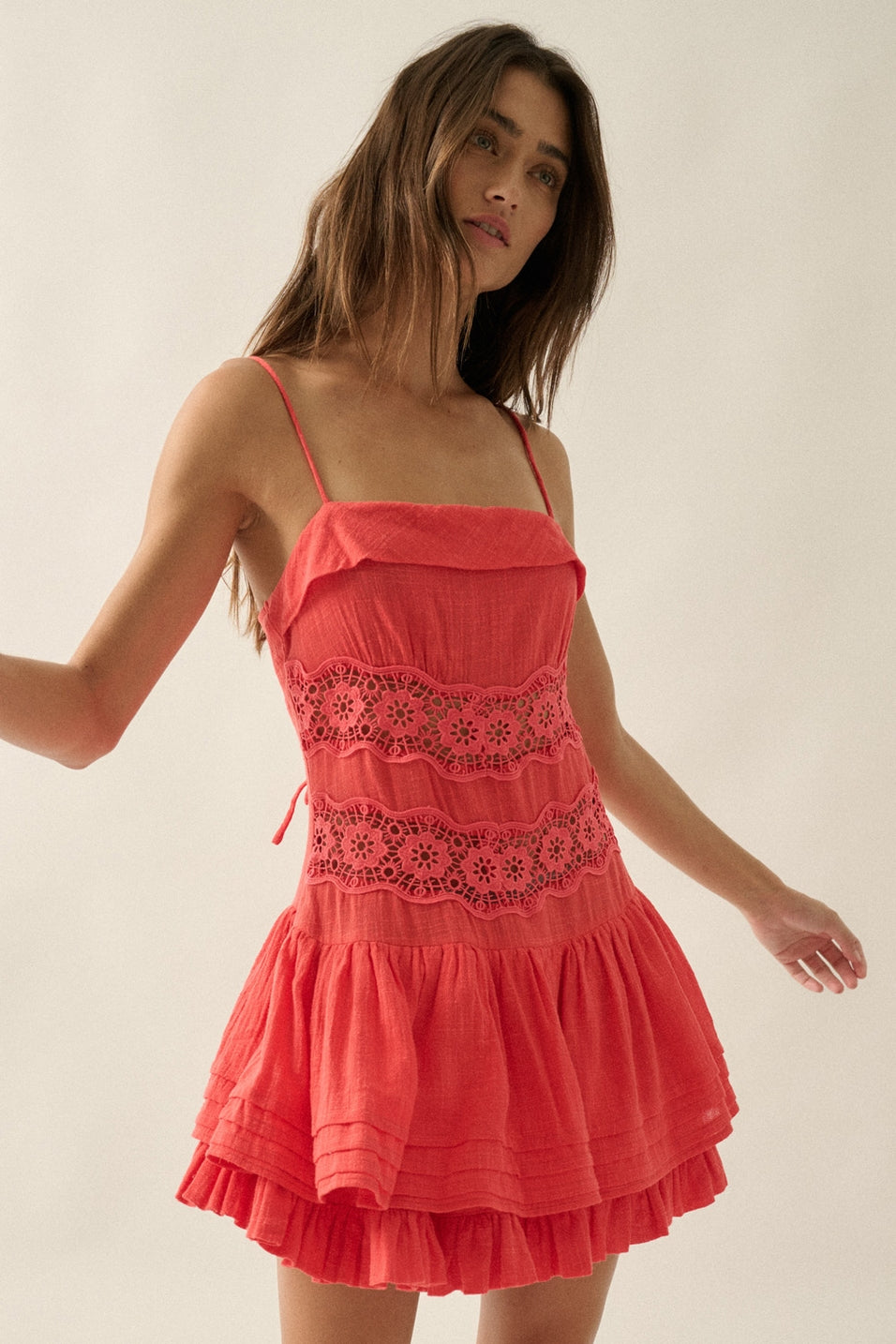 Cherry Drop-Waist Lace Mini Dress