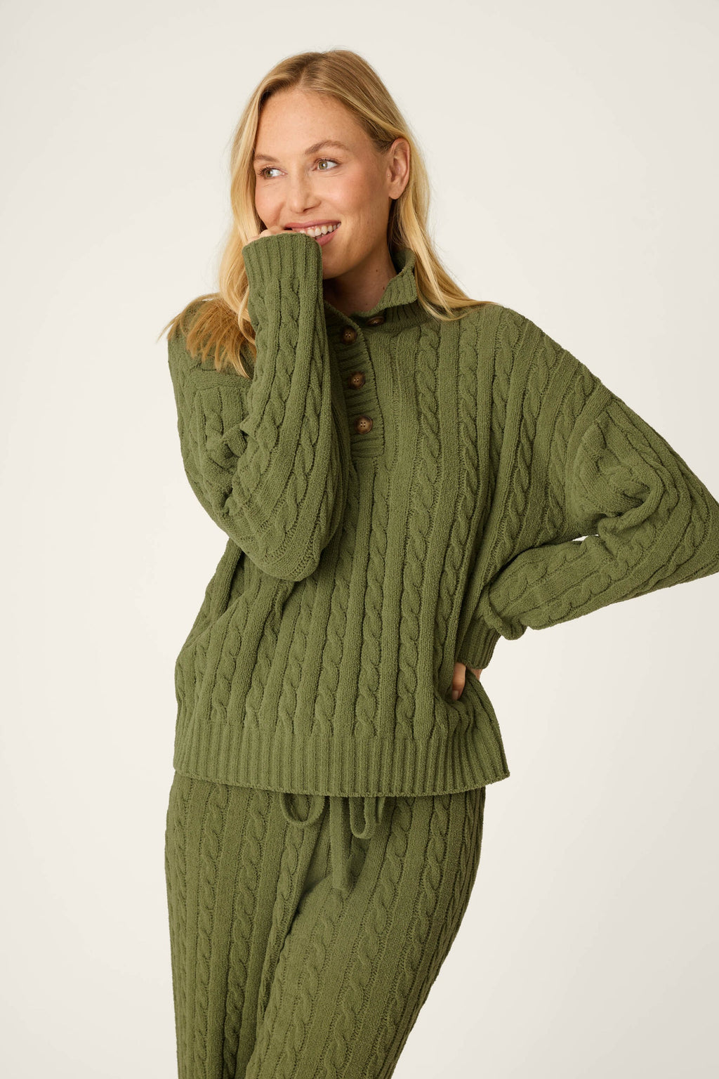 Cozy Cable Chenille Olivine Button Pullover
