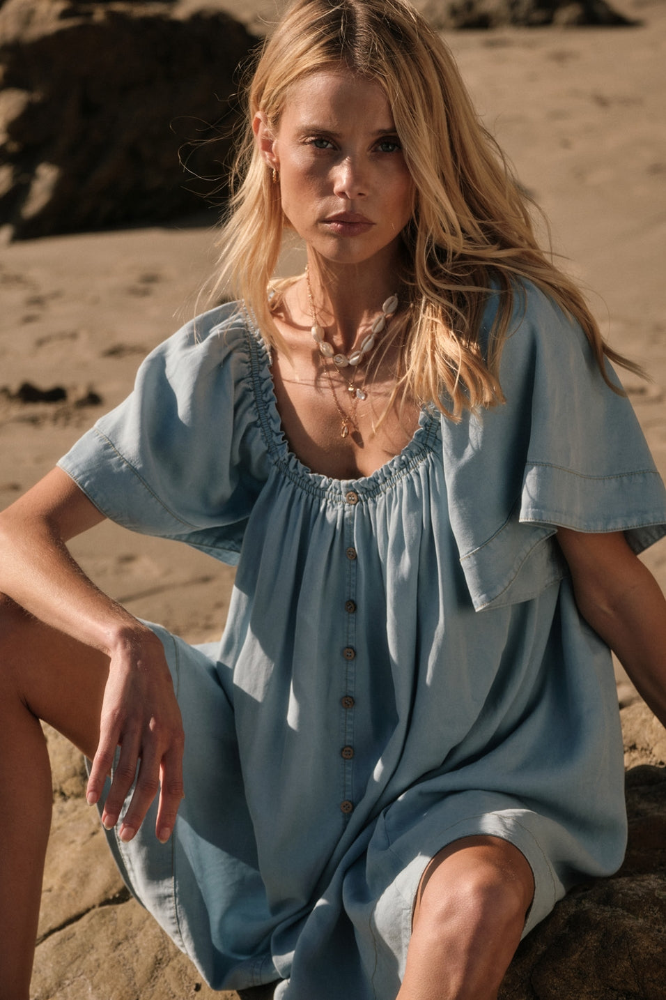 Denim Flutter-Sleeve Babydoll Dress