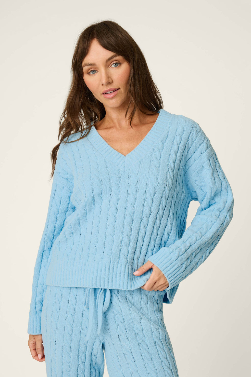 Cozy Cable Chenille Cloud Blue V Sweater