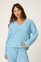 Cozy Cable Chenille Cloud Blue V Sweater