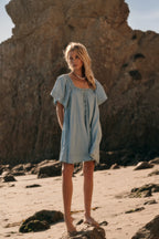 Denim Flutter-Sleeve Babydoll Dress
