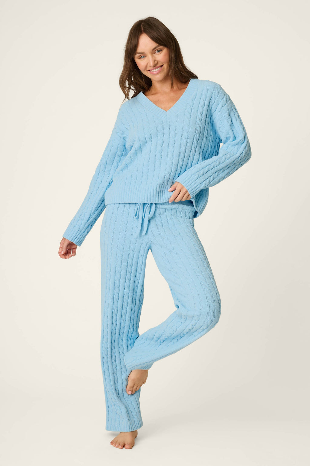 Cozy Cable Chenille Cloud Blue V Sweater