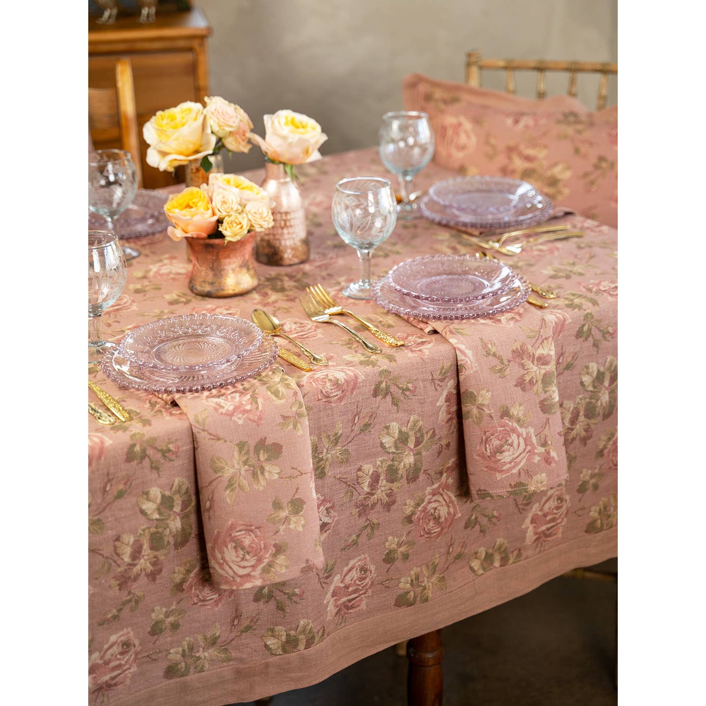 Vintage Rose Linen Tablecloth