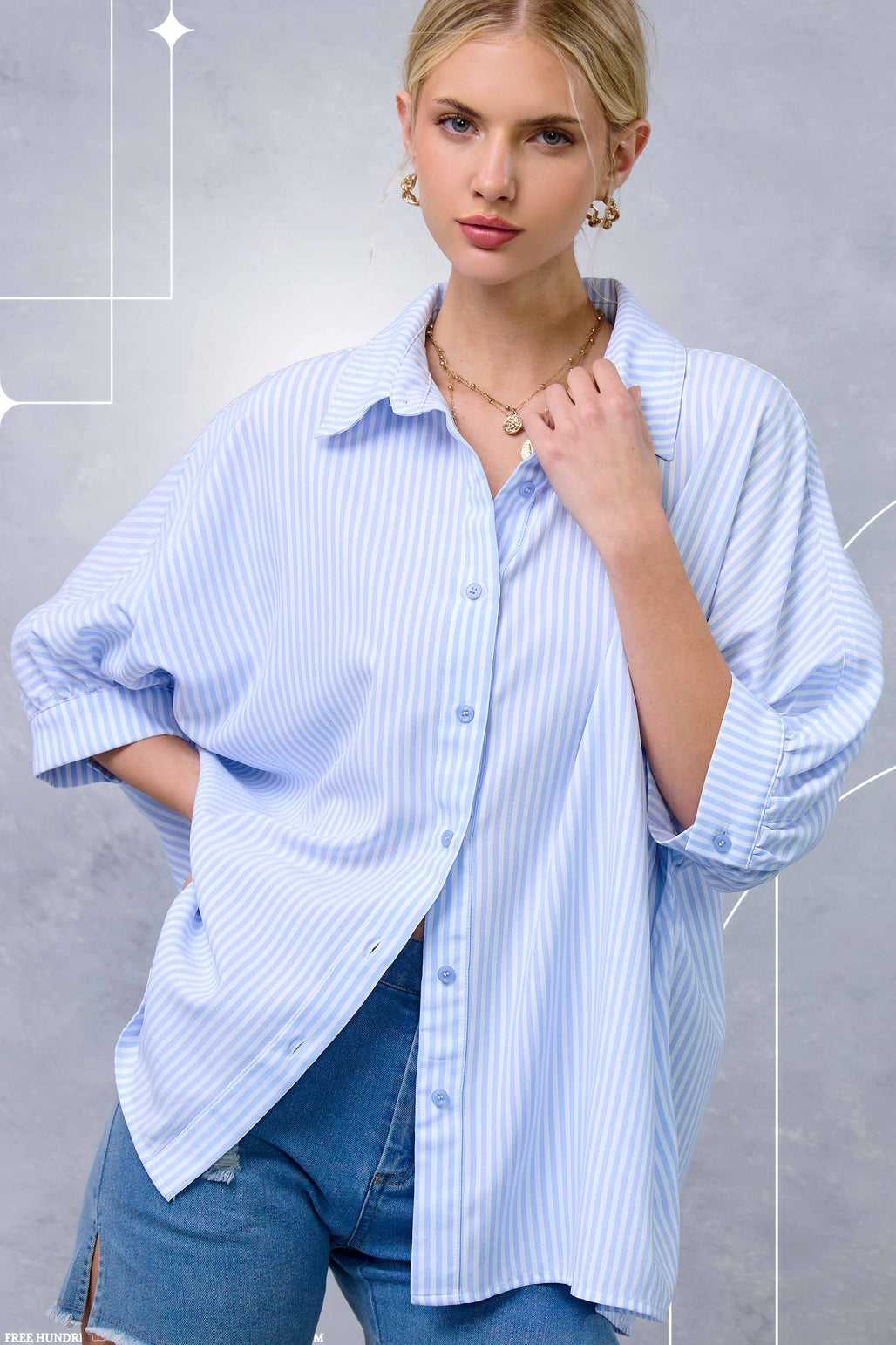 Relaxed Stripe 3/4 Sleeve Button-Down Shirt