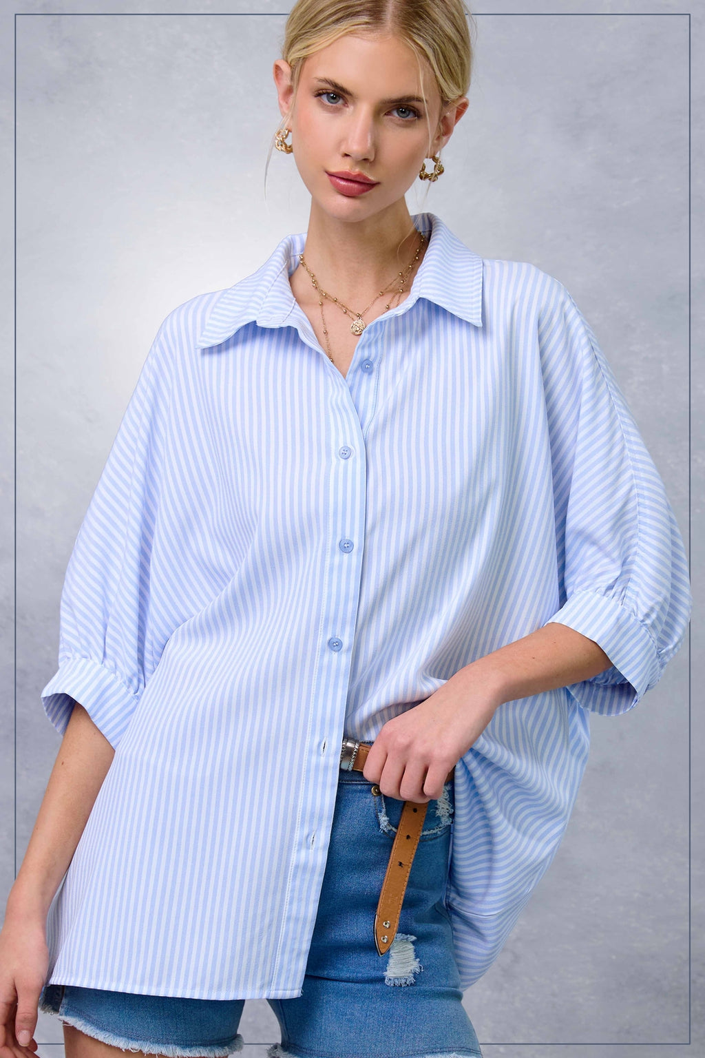 Relaxed Stripe 3/4 Sleeve Button-Down Shirt