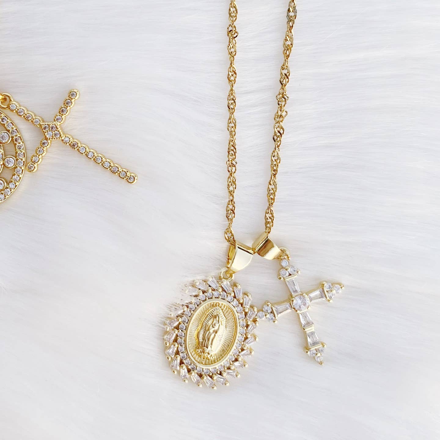 Royalty Double Charm CZ Religious Necklace