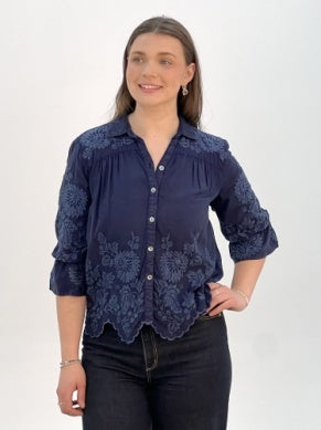 Sue Ellen Navy Embroidered Blouse
