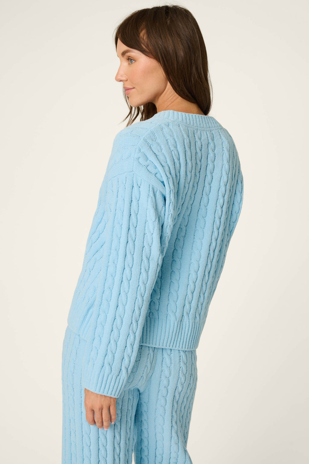 Cozy Cable Chenille Cloud Blue V Sweater