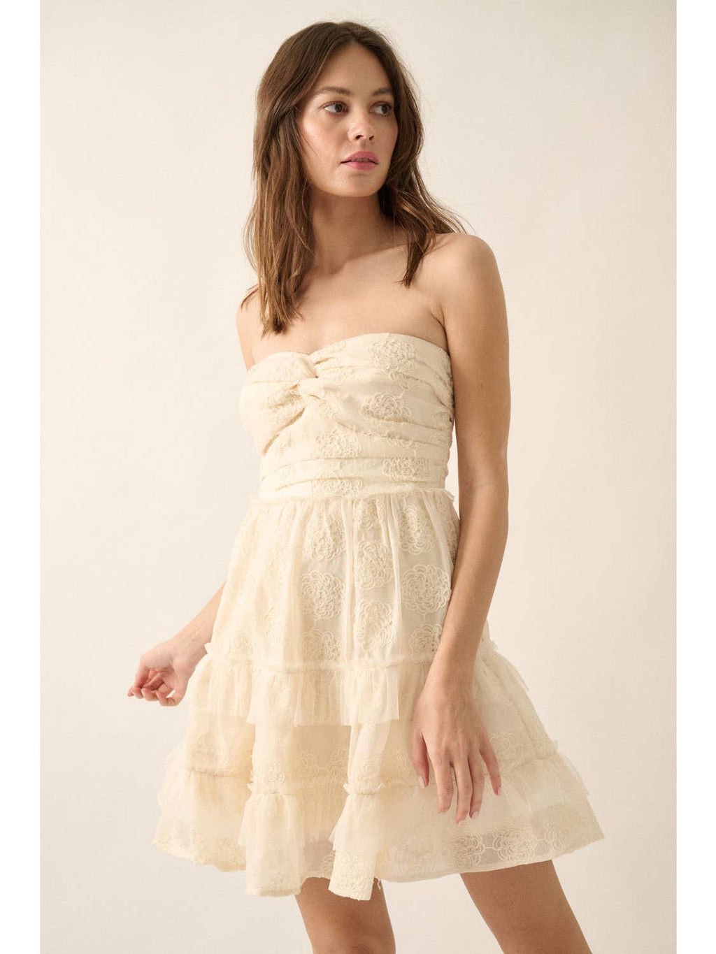 Cream Ruffle Embroidered Mini Dress
