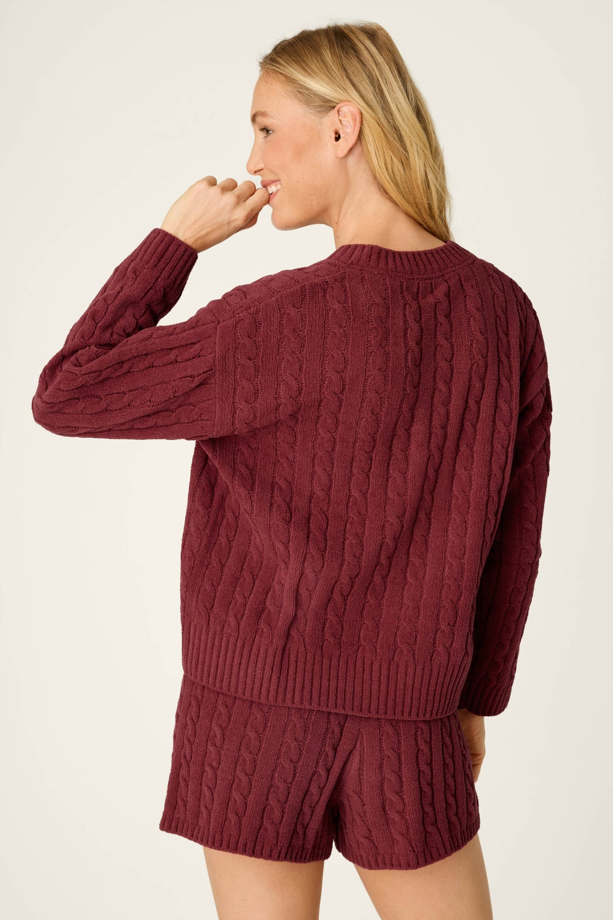 Cozy Cable Chenille Wine V Sweater