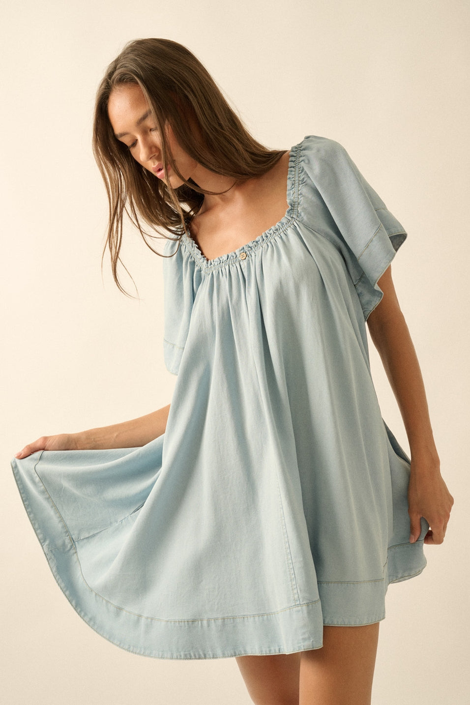 Denim Flutter-Sleeve Babydoll Dress