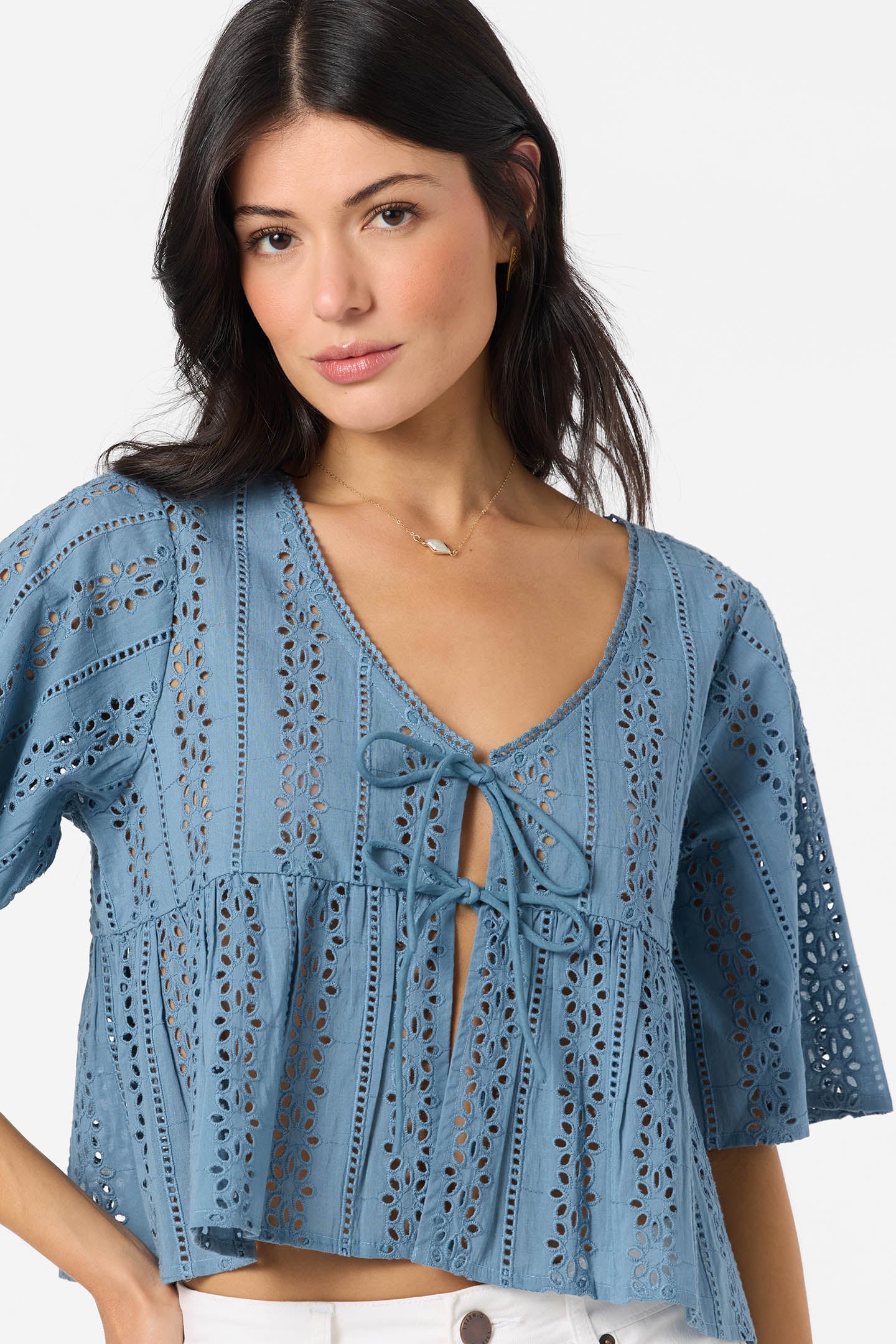 Loni Provincial Blue Eyelet Top