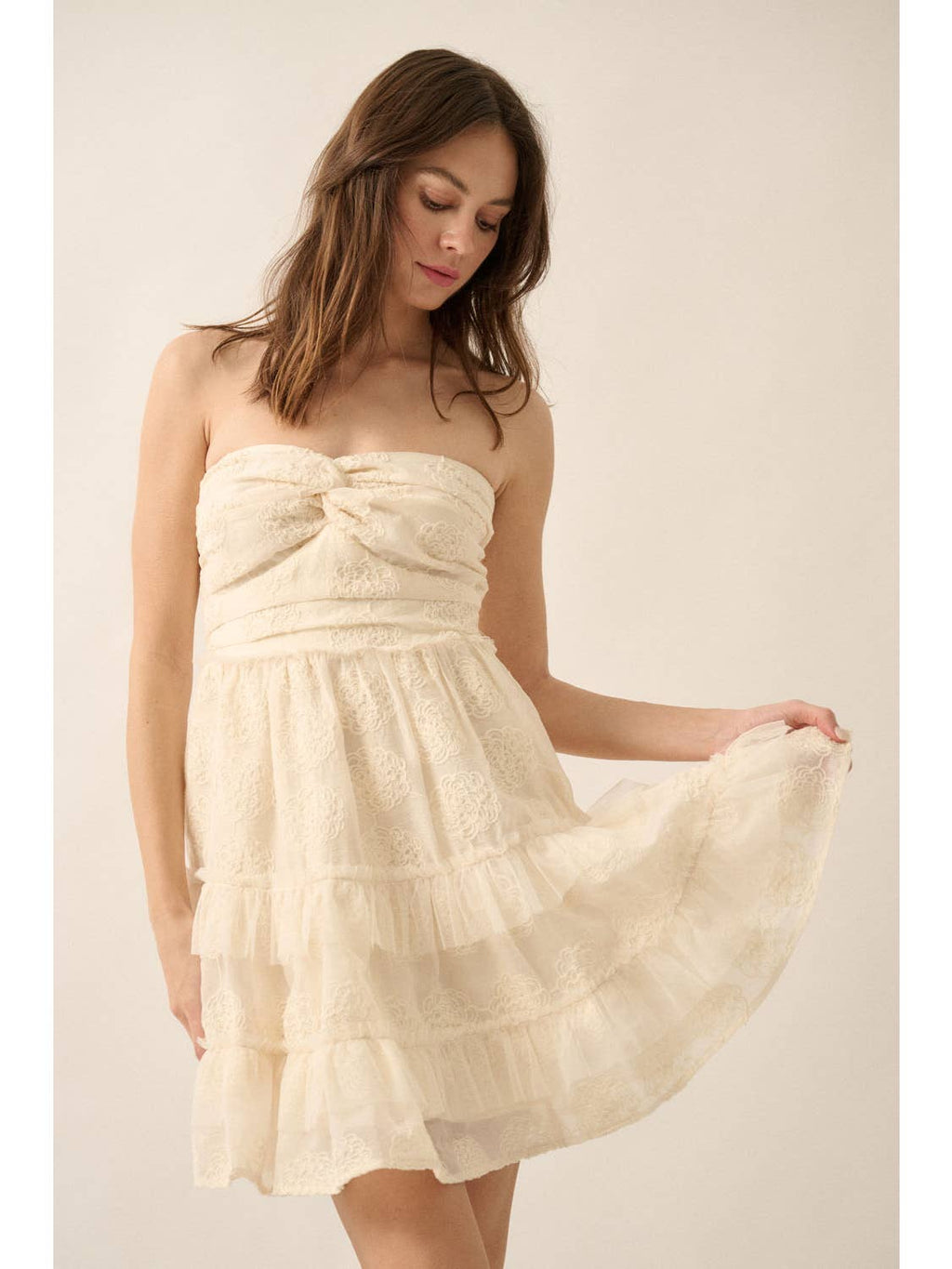 Cream Ruffle Embroidered Mini Dress