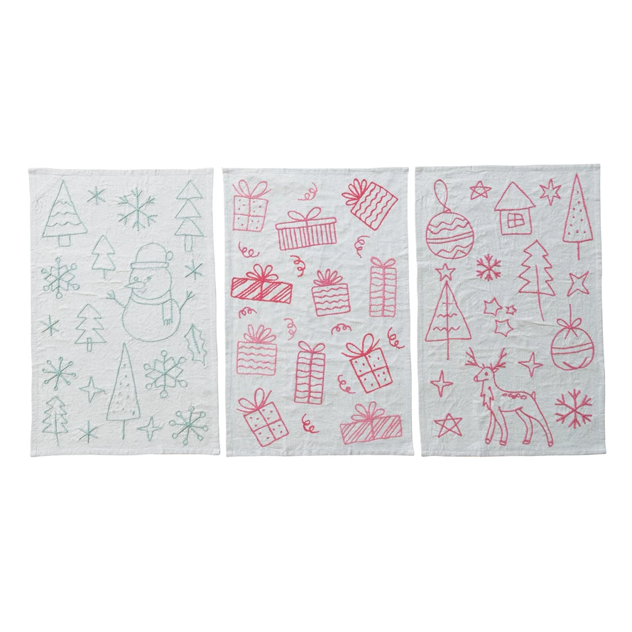 Holiday Embroidered Linen Tea Towel