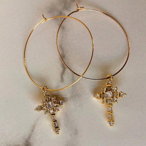 Morning Glory CZ Cross Hoops