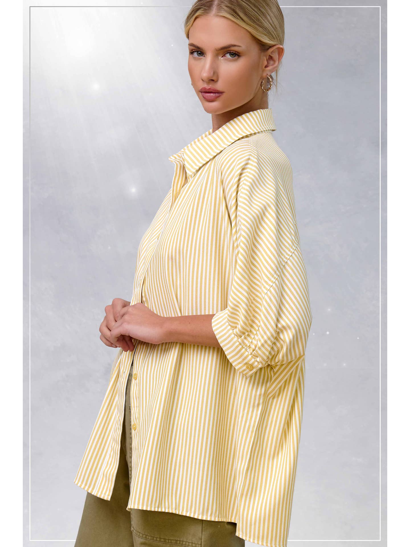 Relaxed Stripe 3/4 Sleeve Button-Down Shirt