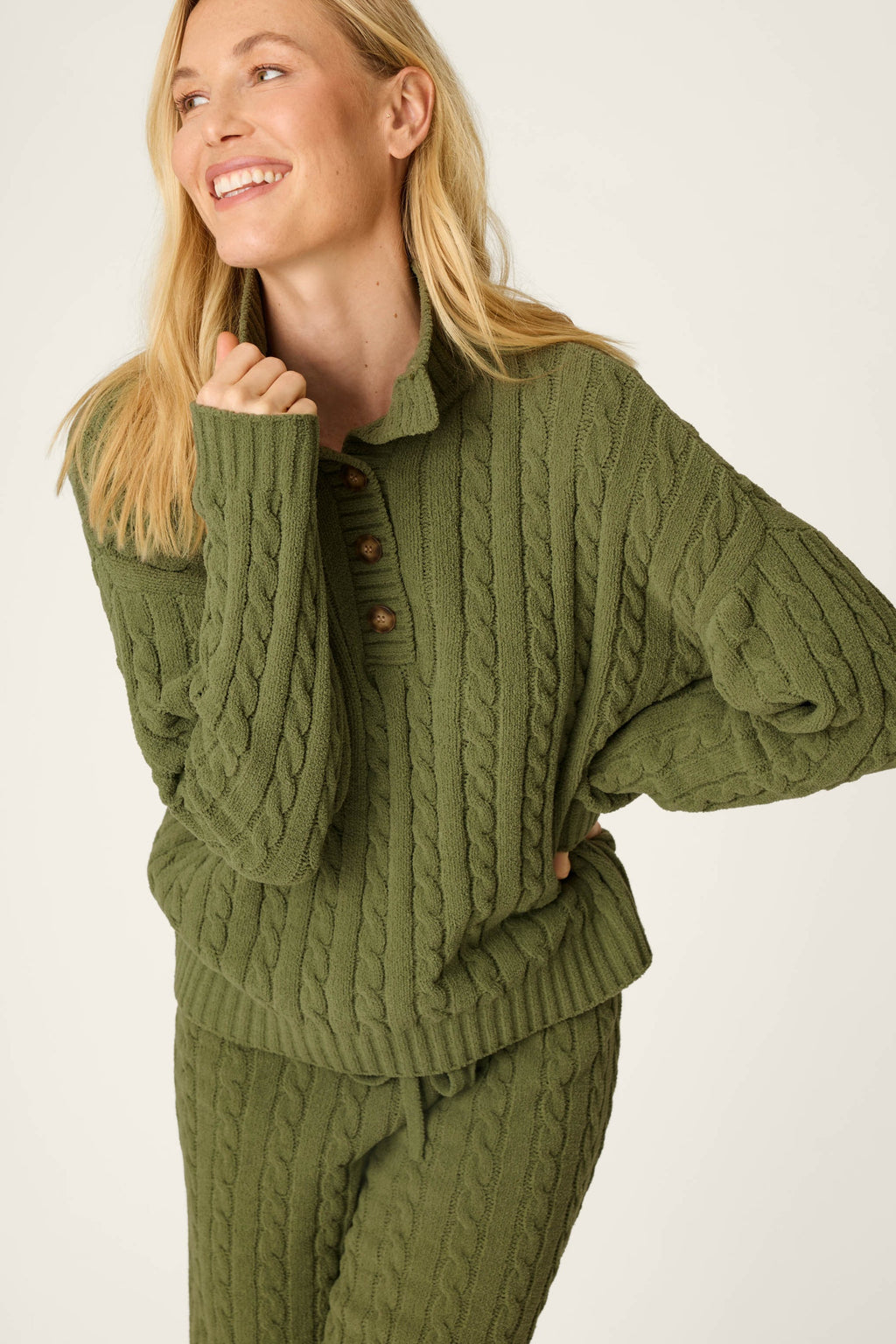 Cozy Cable Chenille Olivine Button Pullover