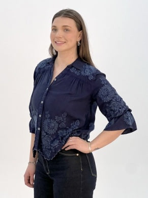 Sue Ellen Navy Embroidered Blouse