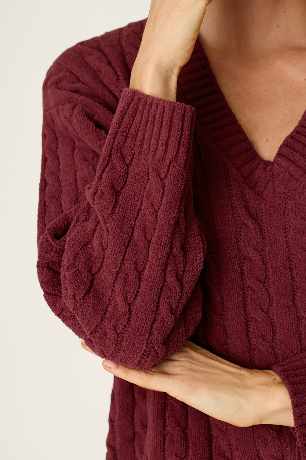 Cozy Cable Chenille Wine V Sweater