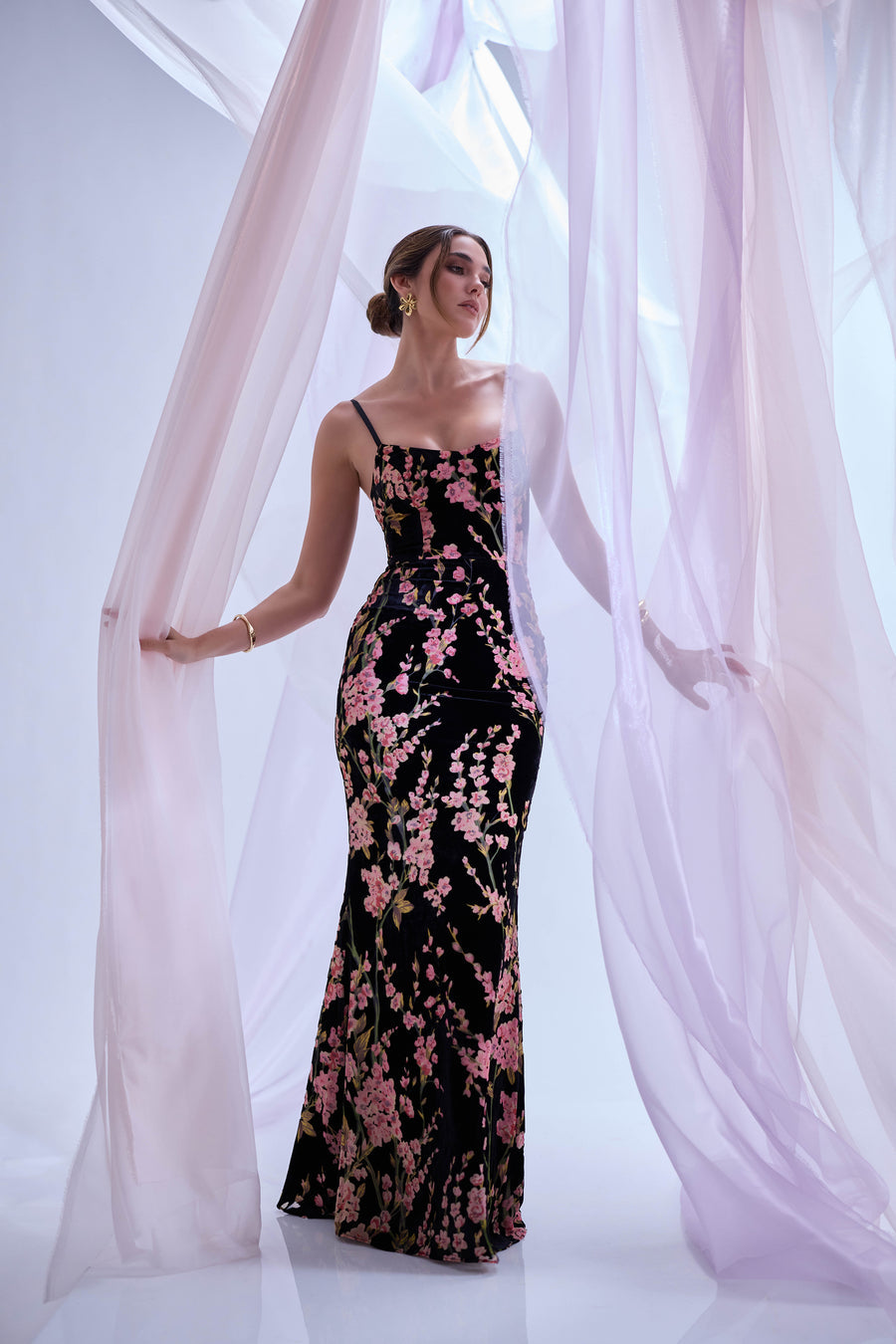 Giovanna Black Velvet Floral Gown