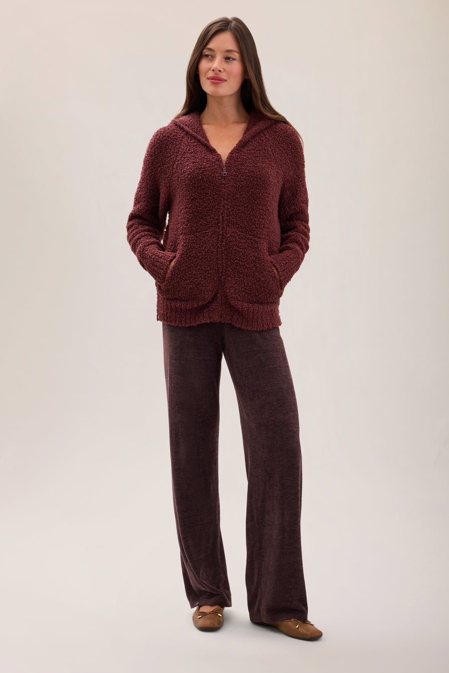 CozyChic Deep Garnet Relaxed Zip-Up Hoodie