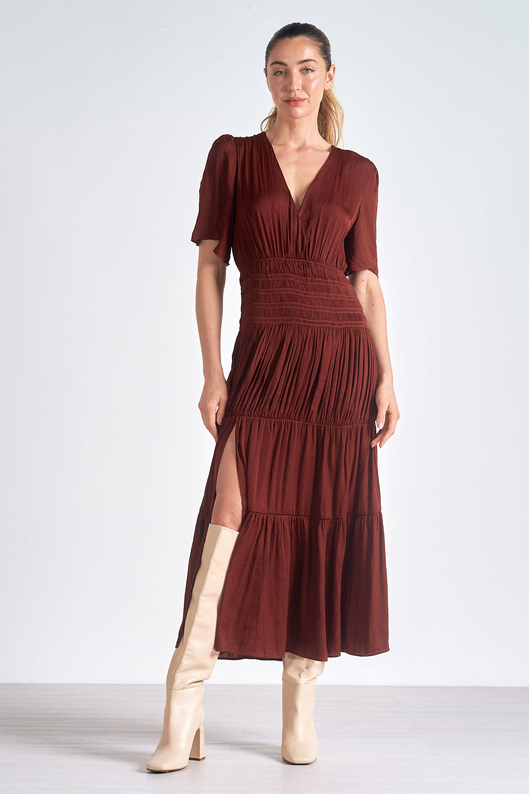 Brick Smocked Midi Dress 3 Seas Brick Smocked Midi Dress 3 Seas