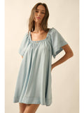 Denim Flutter-Sleeve Babydoll Dress