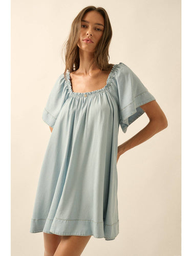 Denim Flutter-Sleeve Babydoll Dress