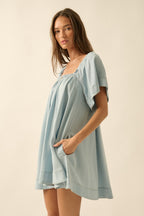 Denim Flutter-Sleeve Babydoll Dress