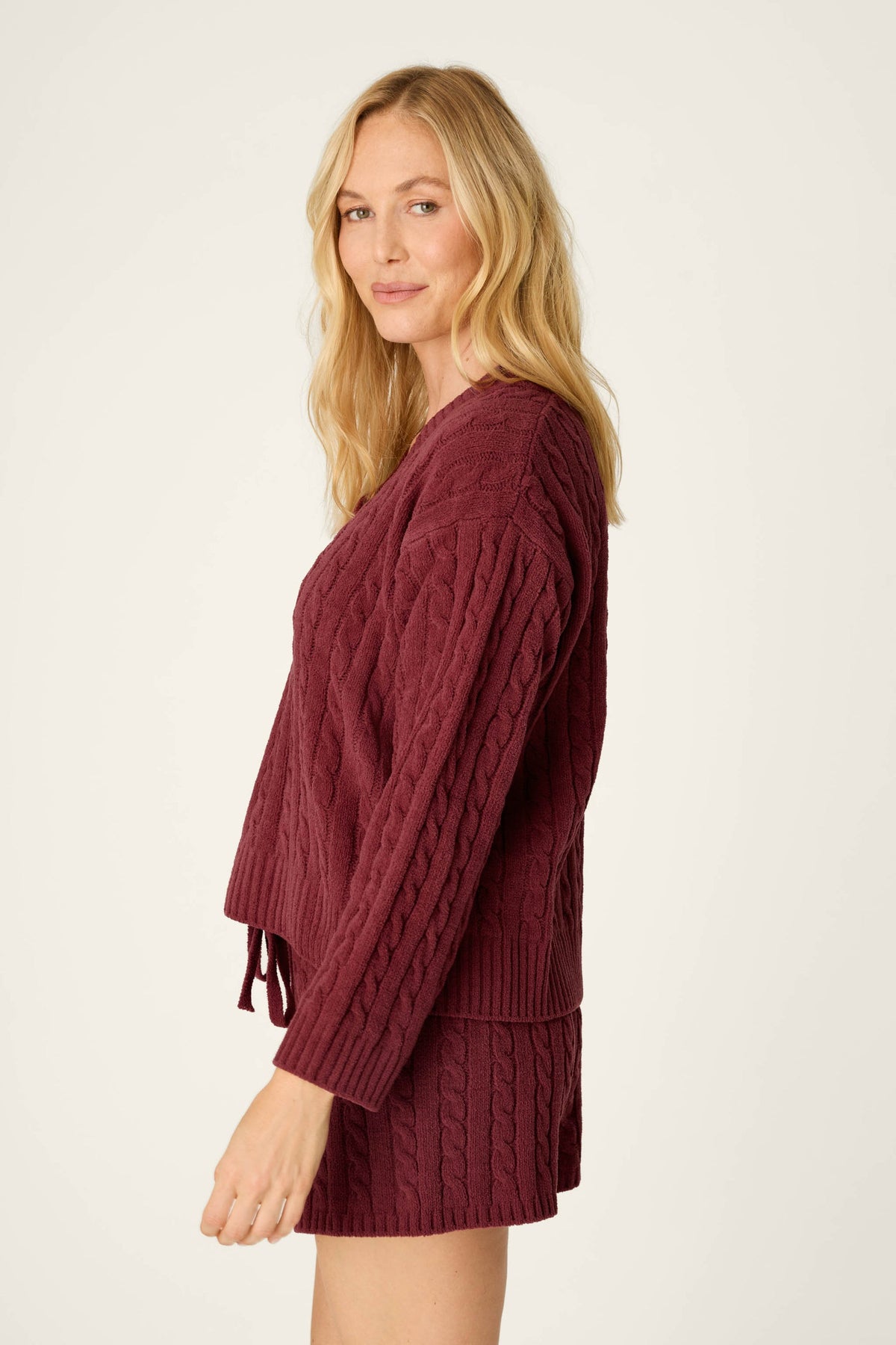 Cozy Cable Chenille Wine V Sweater