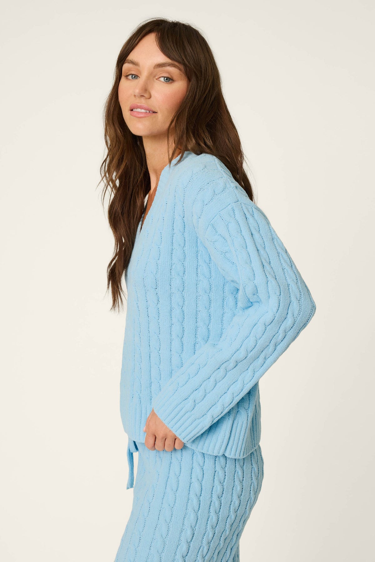 Cozy Cable Chenille Cloud Blue V Sweater