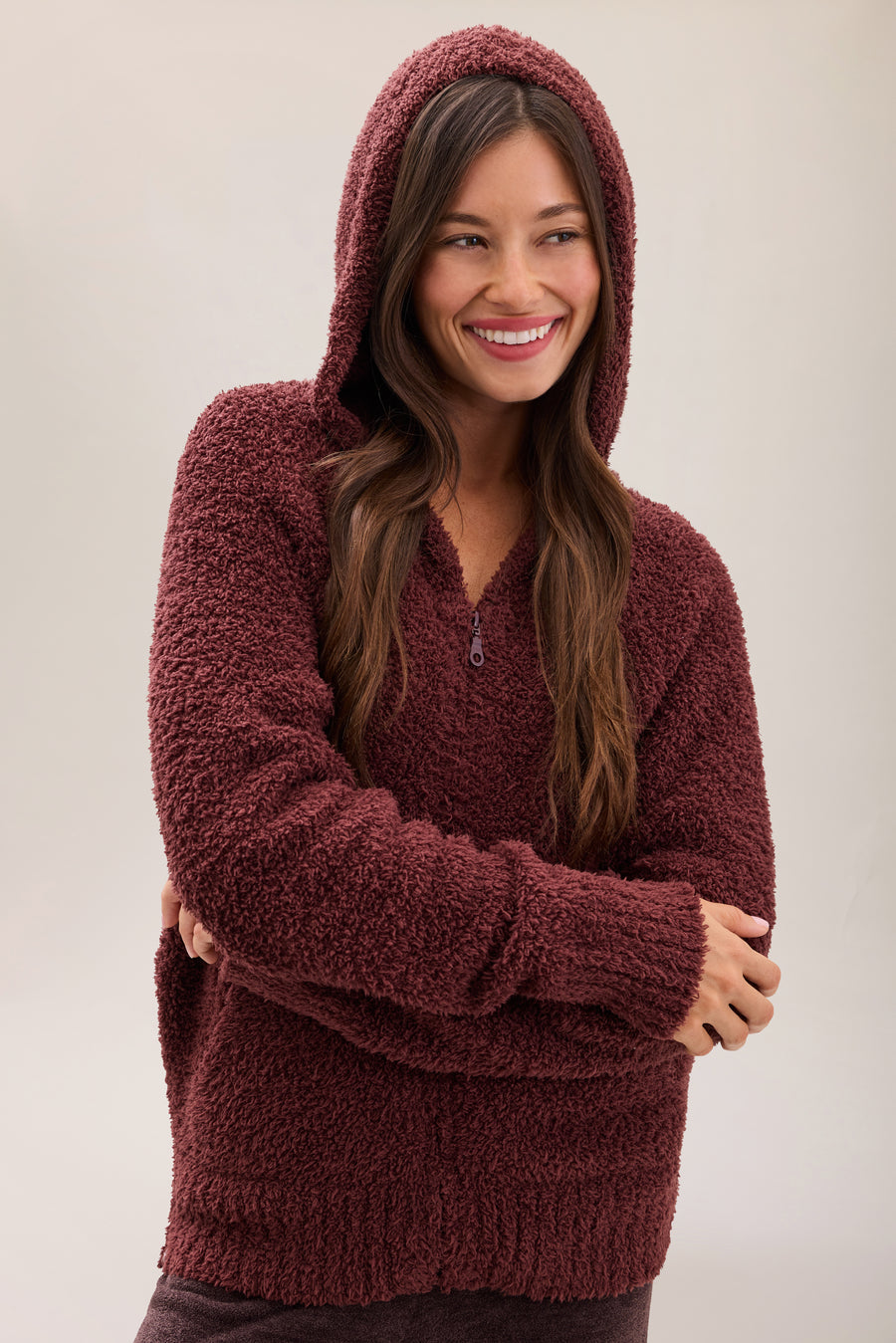 CozyChic Deep Garnet Relaxed Zip-Up Hoodie