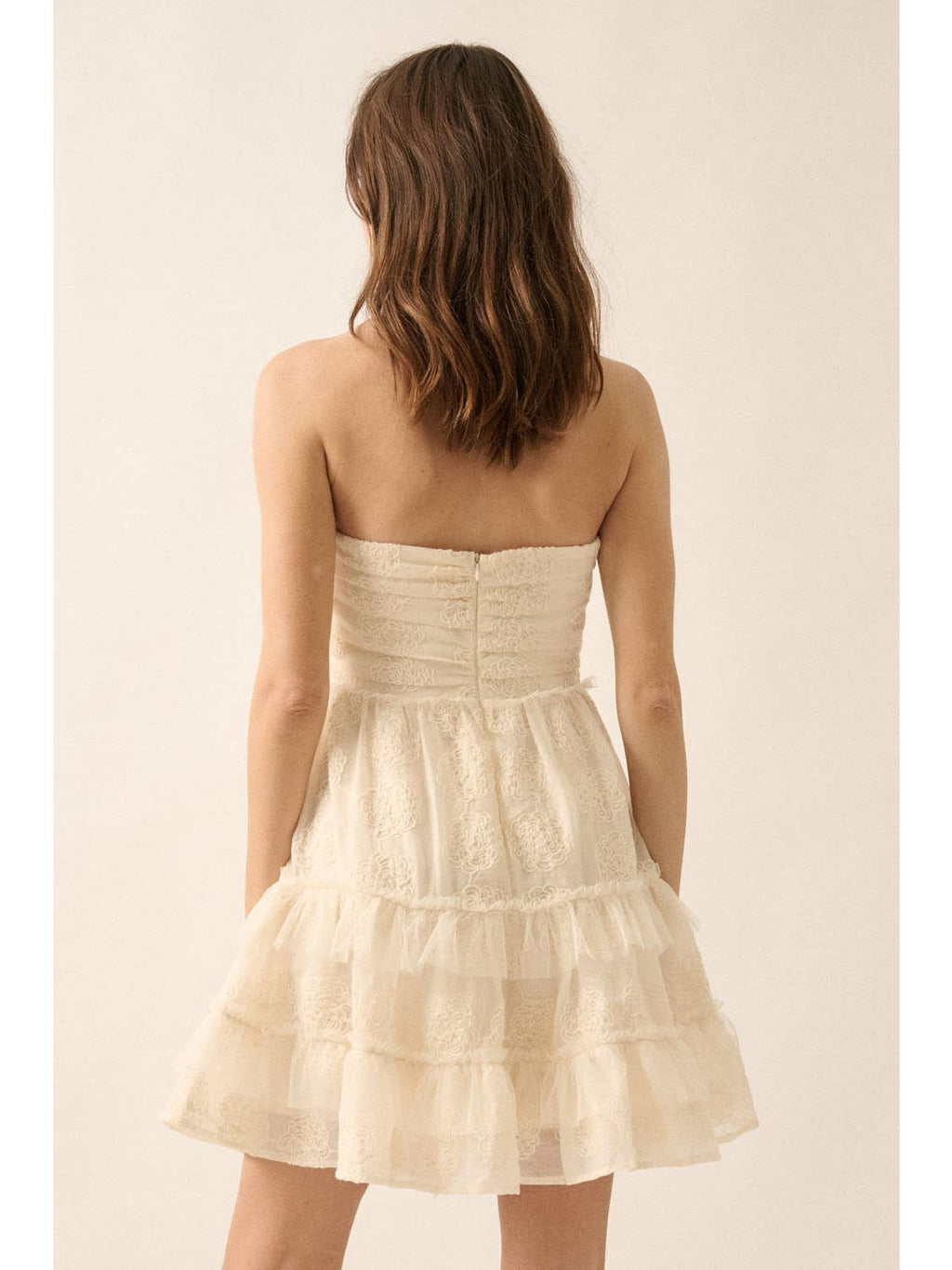 Cream Ruffle Embroidered Mini Dress